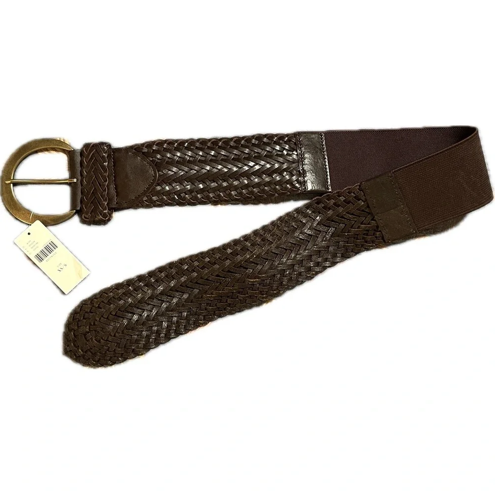 Anthropologie‎ Woven Leather Elastic Waist Belt Brown Gold Buckle XS/S New